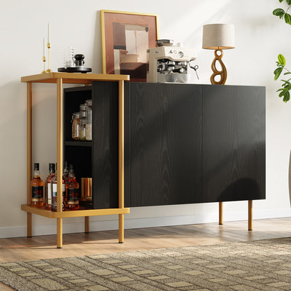 Modern White & Black Metal Sideboard with Glass Doors & Open Shelves - 2-Door Contemporary Storage Cabinet, Space-Saving Design for Small Spaces, 120x40x77.5cm, Durable Metal Construction, Ideal for Living Room, Entryway, Hal