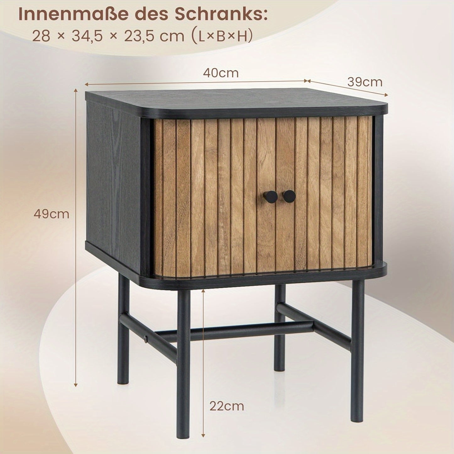 Nachtkastje – Bijzettafel – Ladekast – Nachtkastjes – Opbergkast – Zwart – Mid-Century Modern – Schuifdeuren – Compact Design – Hout en Metaal