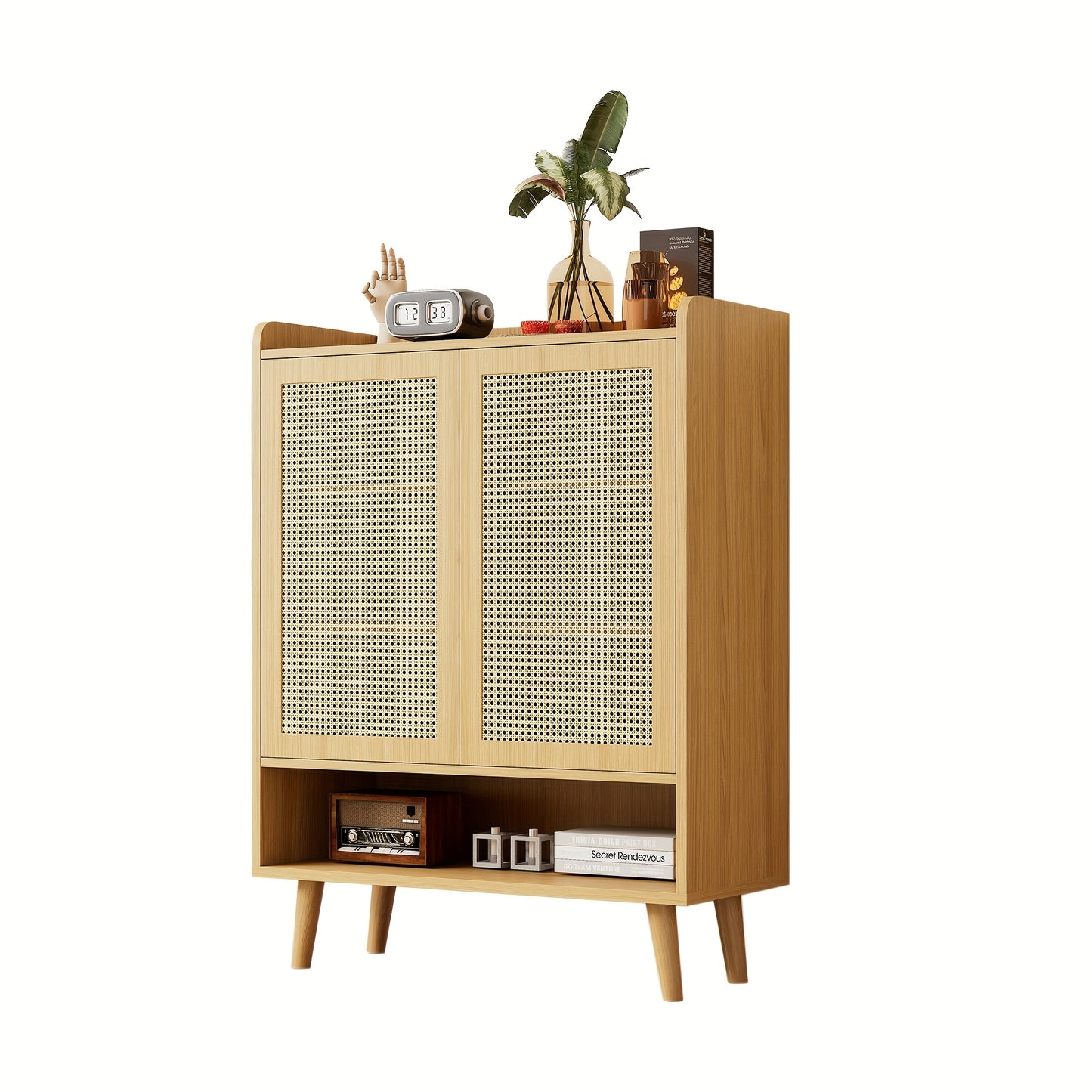 Natural Rattan Shoe Cabinet with Double Doors And Five Shelves for Entryway. with Wooden Handles And Solid Wood Legs. Dimensions: W80/H105/D35cm.