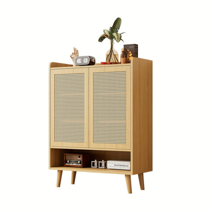 Natural Rattan Shoe Cabinet with Double Doors And Five Shelves for Entryway. with Wooden Handles And Solid Wood Legs. Dimensions: W80/H105/D35cm.