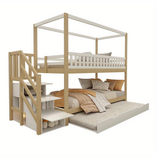 Hoogslaper – Loftbed – Stapelbed – Kinderbed – Eenpersoonsbed – Met Veiligheidshekken – Uitschuifbaar Bed – Opberglade – Wit/Naturel – 90x200 cm – Ruimtebesparend Design
