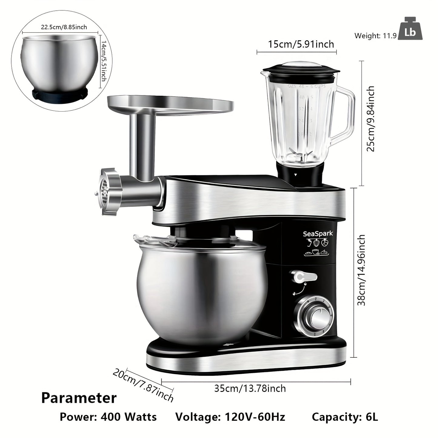 Keukenmixer – 6-in-1 Mixer – Keukenmachine – Deegmixer – Staande Mixer – Zwart – 6 Snelheidsstanden met Pulse – 6,3 Liter RVS Mengkom