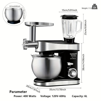 Keukenmixer – 6-in-1 Mixer – Keukenmachine – Deegmixer – Staande Mixer – Zwart – 6 Snelheidsstanden met Pulse – 6,3 Liter RVS Mengkom