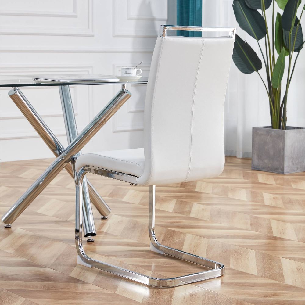 Bar stool, free-swinging chair, chrome-plated metal frame, weight capacity 120kg, padded seat, faux leather upholstery, white (set of 4)