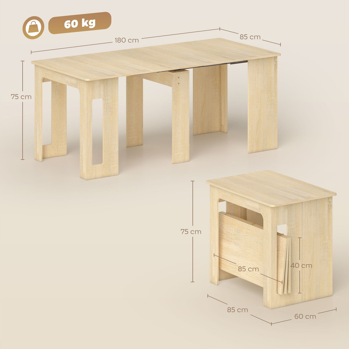 Uitschuifbare Eettafel – Uitklapbare Tafel – Keukentafel – Eetkamertafel – Vouwtafel – Natuurlijk Design – 60-180x85x75 cm – Stevig Spaanplaat