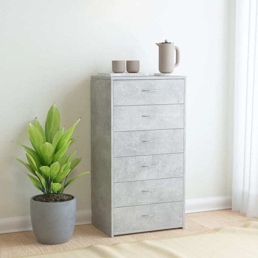 Ladekast – Opbergkast – Dressoir – Kommode – Ladenkast – 6 Lades – Vergrendelbaar – Betongrijs – Houtcomposiet – Ruime Opbergruimte – Vloermontage – Modern Design