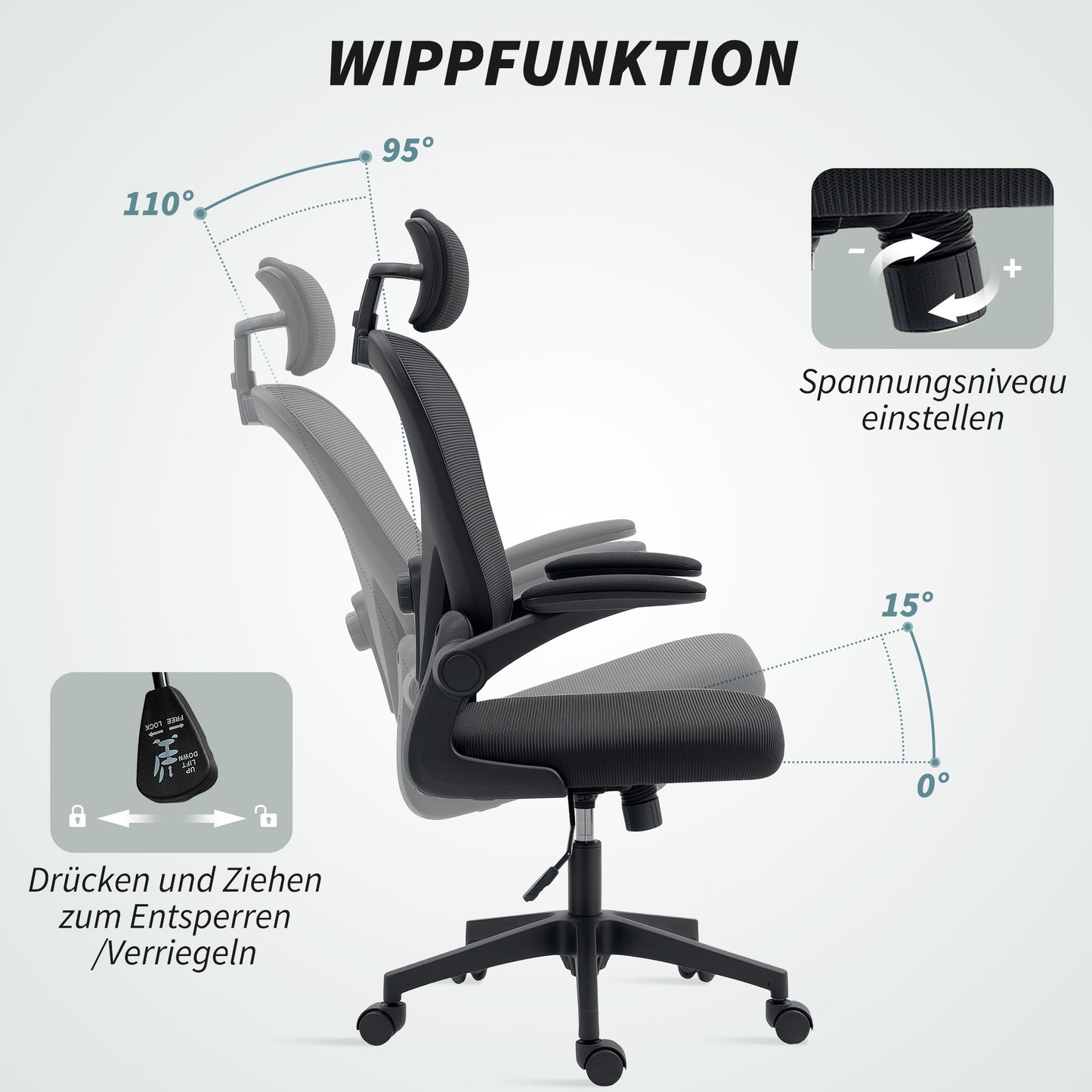 Ergonomische bureaustoel – Comfortabele werkstoel – Office chair – Desk chair – Zwarte bureaustoel – Verstelbare lendensteun – Opklapbare armleuningen
