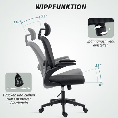 Ergonomische bureaustoel – Comfortabele werkstoel – Office chair – Desk chair – Zwarte bureaustoel – Verstelbare lendensteun – Opklapbare armleuningen