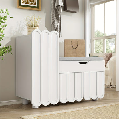 Modern White 3-Door Shoe Cabinet with Bench & Drawer - Space-Saving Hallway Entryway Storage, -Standing Shoe Organizer with Cushioned Seat, Doors & Drawers for Small Spaces, Assembly Required (Compatible with Narrow Hallways)