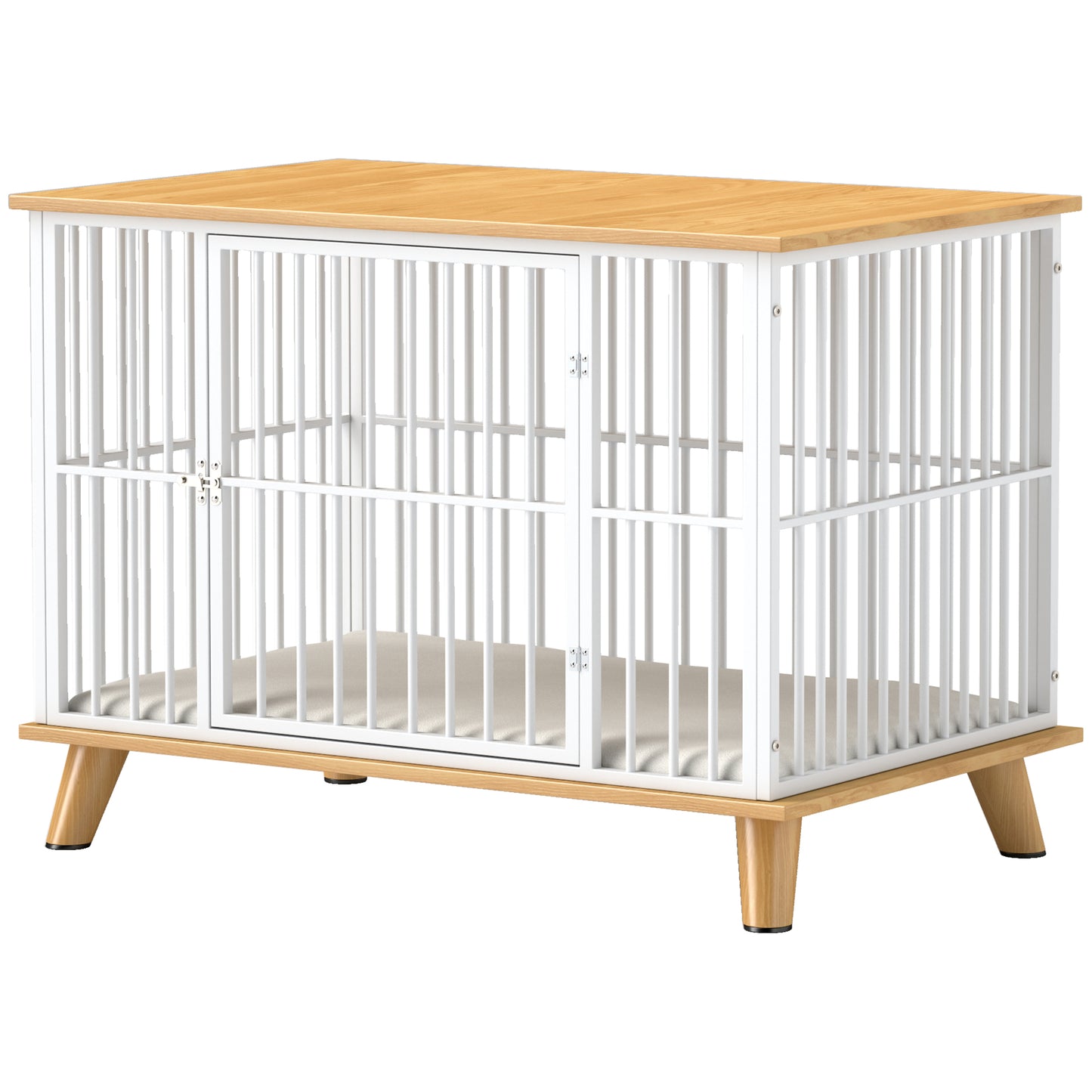 Hondenbench – Hondenkooi – Hondenmand – Hondenhuis – Reishondenbench – Vergrendelbare Deur – Uitneembaar Wasbaar Kussen – Stijlvol Wit Eiken – Staal Houtcomposiet – 86x60x70 cm – Goede Ventilatie