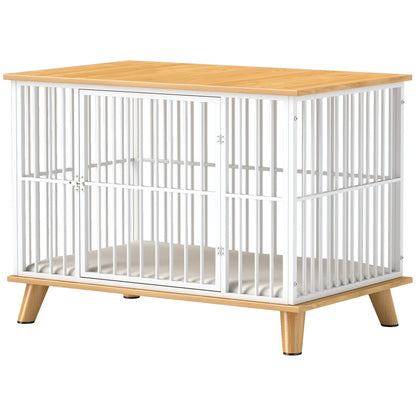 Hondenbench – Hondenkooi – Hondenmand – Hondenhuis – Reishondenbench – Vergrendelbare Deur – Uitneembaar Wasbaar Kussen – Stijlvol Wit Eiken – Staal Houtcomposiet – 86x60x70 cm – Goede Ventilatie