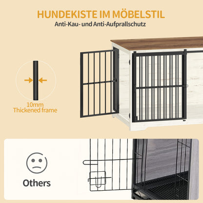 HZUANERI 110cm Metal Dog Crate with 2 Doors, Reinforced Sliding Door & Side Table - Modern Indoor Pet Cage for Small/Medium/Large Dogs Up to 100kg, White, Durable Metal Construction for Secure & Comfortable Use, Dog Crate Fur