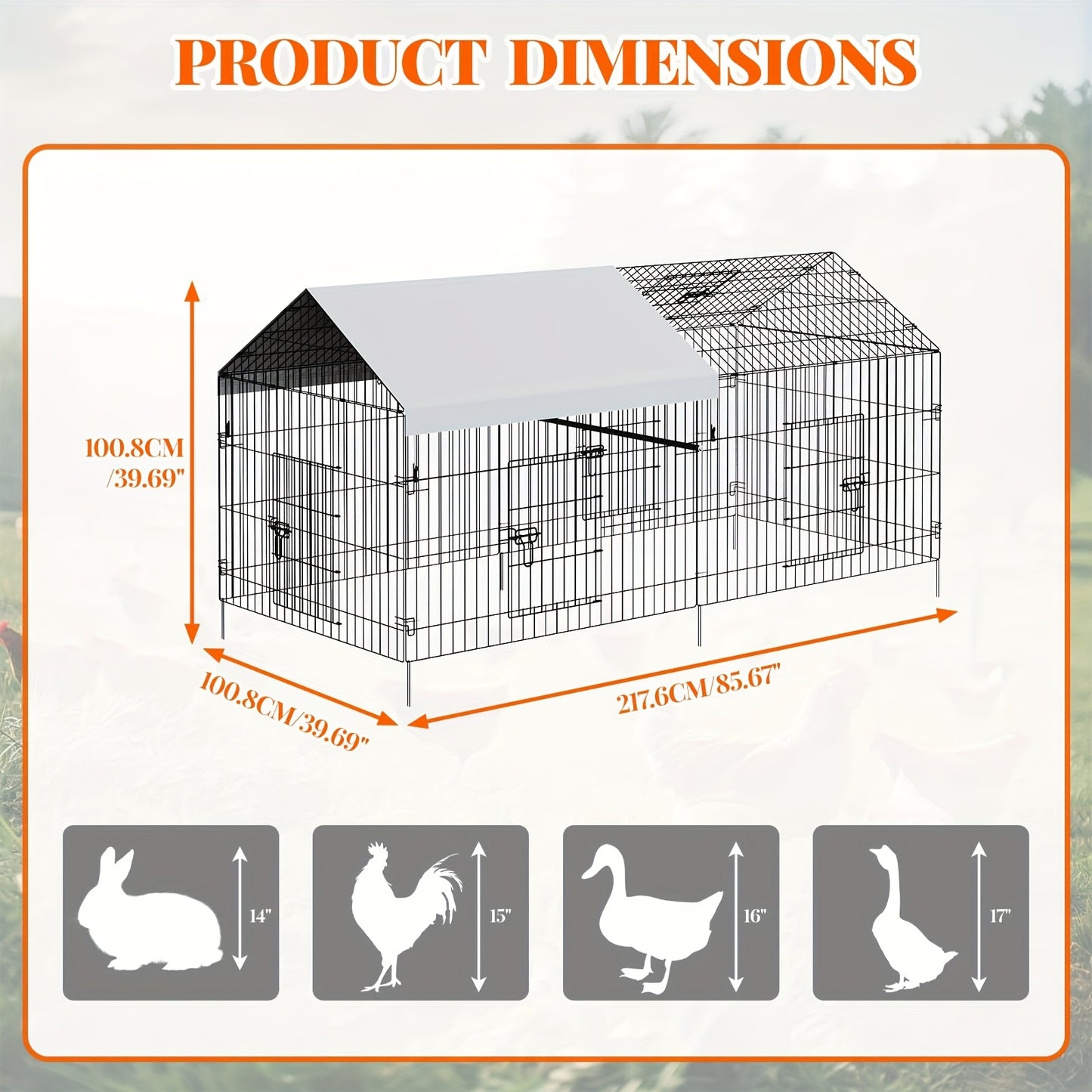Heavy Duty Metal Chicken Coop 218.44cm x 101.6cm x 101.6cm Walk-In Poultry Cage with 4 Doors, Waterproof UV-Resistant Cover & -Proof Lock - Large Outdoor Barn for Ducks, Rabbits, Chickens - Spacious Run for 8-10 Hens, Easy As