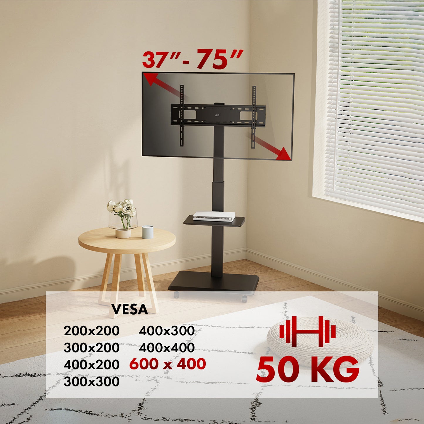 Tv meubel – Tv kast – Tv dressoir – Tv steun – Tv standaard – Mobiel verrijdbaar – Geschikt voor 37-75 inch – Draagvermogen 50 kg – Met plank en geïntegreerde stroomvoorziening