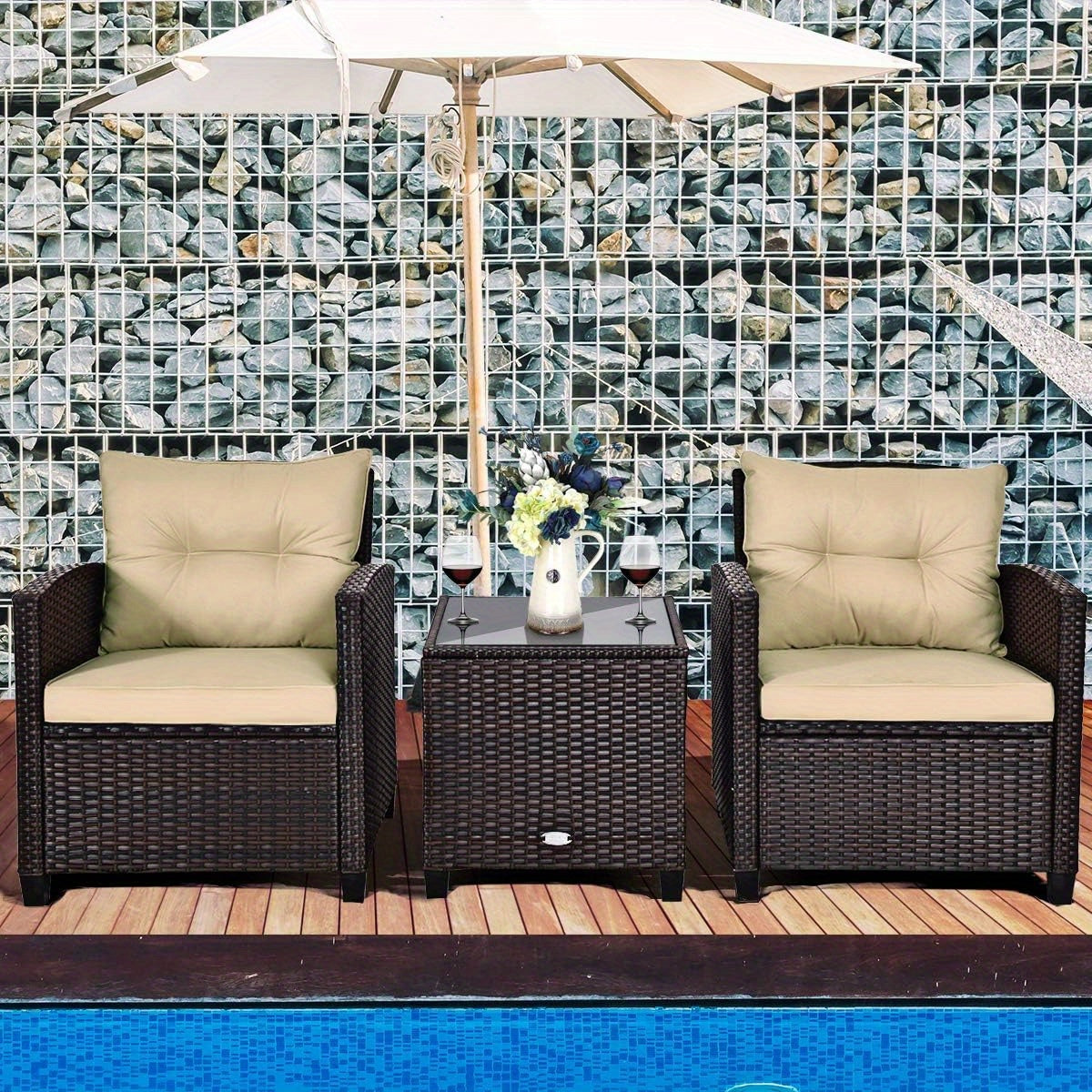 3-delige Rattan Tuinset – Buitenmeubelset – Patio Hoekbank – Balkonmeubilair – Rattan Loungeset – Weerbestendig – Wit Met Kussens