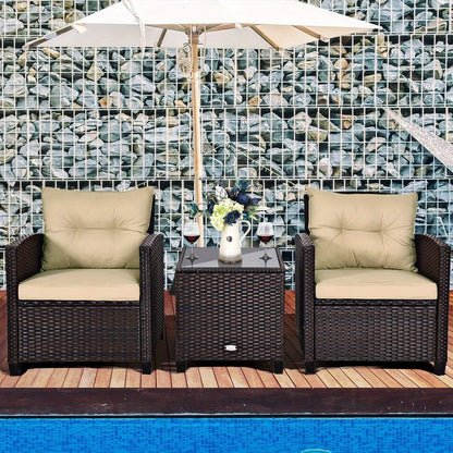 3-delige Rattan Tuinset – Buitenmeubelset – Patio Hoekbank – Balkonmeubilair – Rattan Loungeset – Weerbestendig – Wit Met Kussens