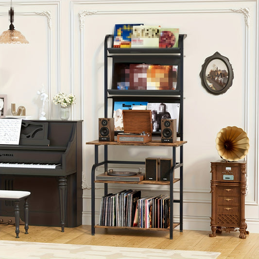 Platenspelerkast – Platenspeler Meubel – LP Kast – Vinyl Kast – Platenhouder – Zeslaagse Opbergrek – Hout en Metaal – Ruimte Voor 100 Platen