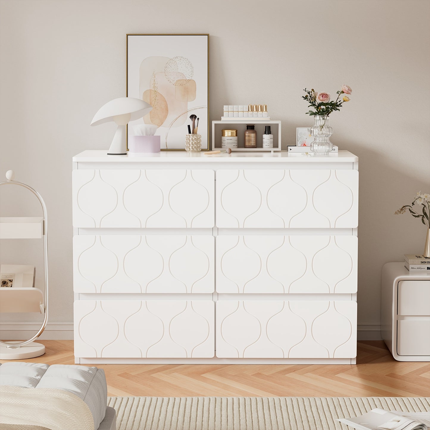 Ladekast – Kommode – Dressoir – Opbergkast – Kast – 6 Ruime Lades – Aardbevingsbestendig Ontwerp – Witte Lakafwerking – 68,58 cm Hoog – Moderne Golfpatroon