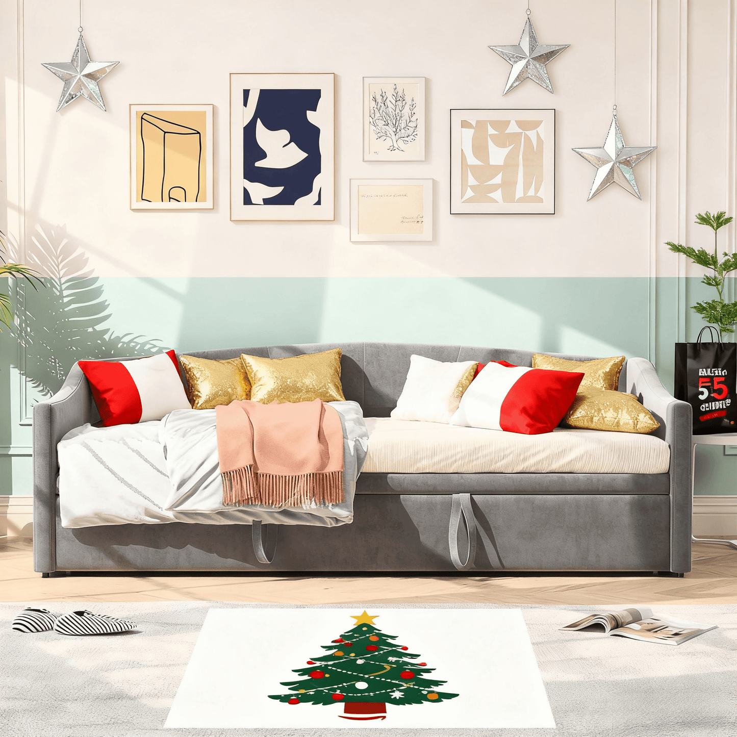 Slaapbank – Bedbank – Logeerbed – Sofa met slaapfunctie – Tweepersoonsbed – Fluwelen bekleding – 90x200 cm – Houten lattenbodem – Eenvoudige montage