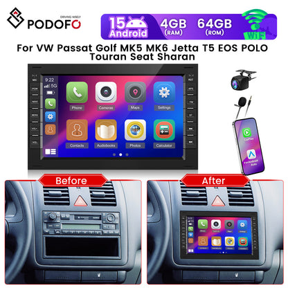 PODOFO [4G + 64G] Android 15 Car Radio for VW T5 Golf 4 Polo Passat | 17.78 cm Touchscreen with GPS, WiFi, FM/RDS EQ, Mirror Link, Reversing, Mic, Wireless, Carplay, Merry Christmas/Black Friday Gifts, Without Battery