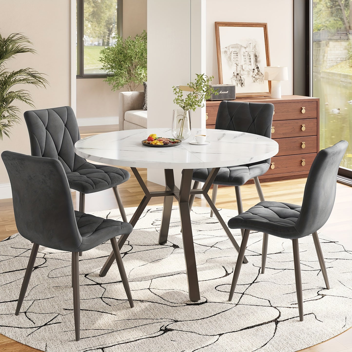 Eettafel – Ronde Tafel – Keukentafel – Eetkamertafel – Koffietafel – Marmer-look Blad – Zwart Metalen X-onderstel – Diameter 100 cm – Modern Minimalistisch Design