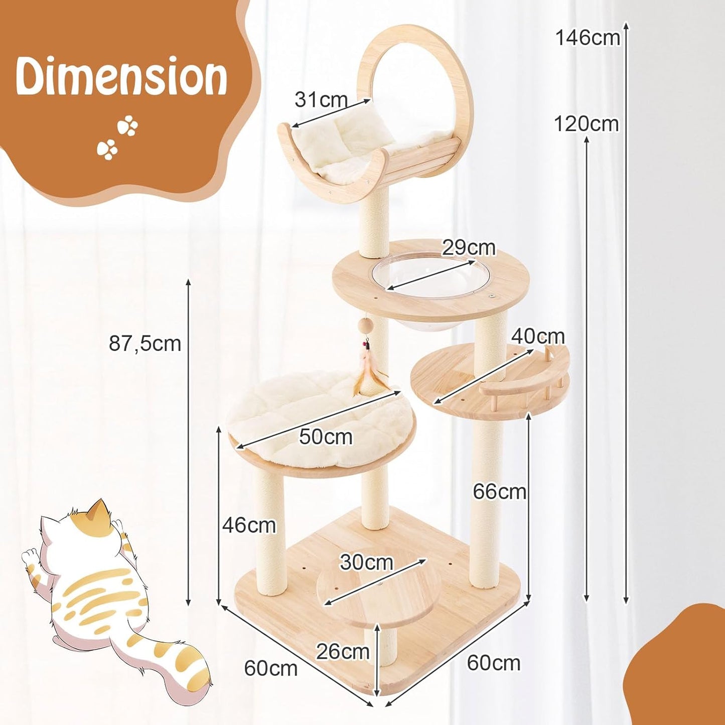 Krabpaal – Kattenkrabpaal – Kattenboom – Krabmeubel – Kattenhuis – 146 cm Hoog – Flexibel 4-in-1 Ontwerp Met Sisal En Houten Constructie