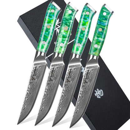 Steakmessen – Vleesmessen – Keukenmessen – Messenset – Vleesmes – Damaststaal – Kunstjade Handvat Groen – 12,7 cm Lemmet – Ultra Scherp Zonder Kartels