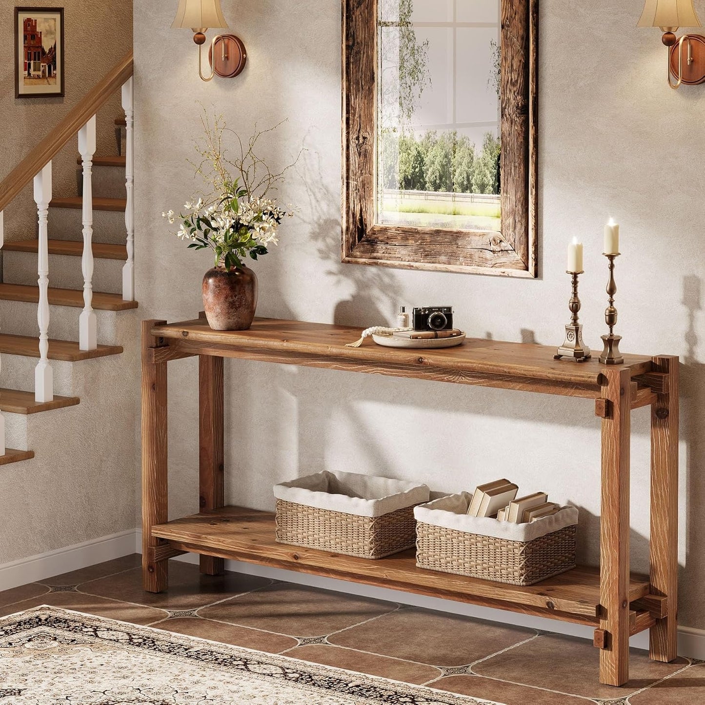 Console table, 160cm long, 2-tier entryway table, coffee table with storage, farmhouse wood back coffee table for living room, hallway (brown)