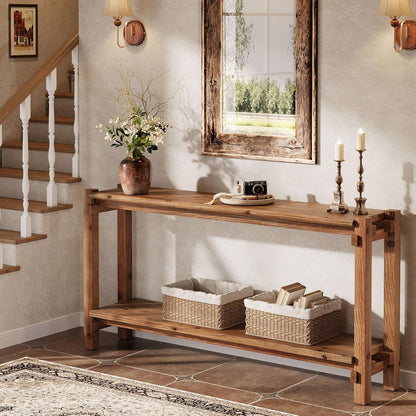 Console table, 160cm long, 2-tier entryway table, coffee table with storage, farmhouse wood back coffee table for living room, hallway (brown)