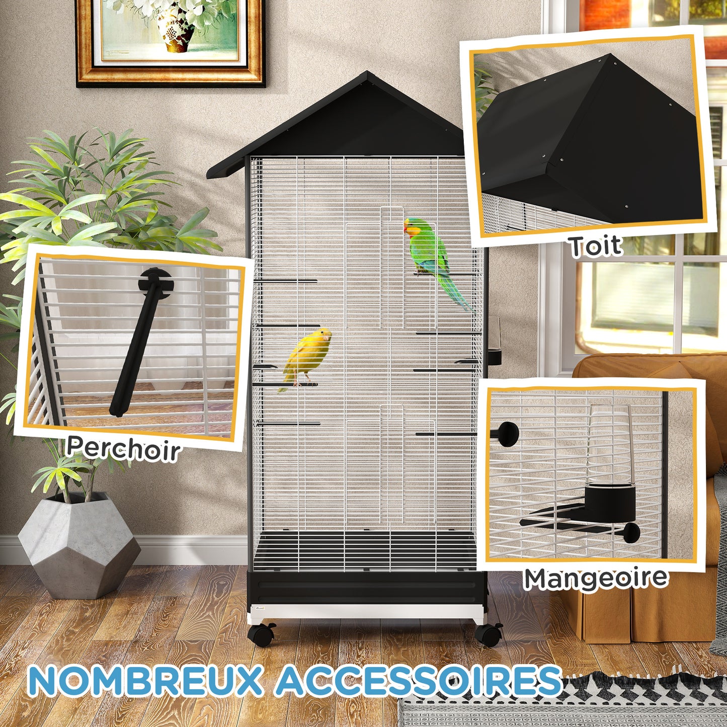 Vogelkooi – Vogelkooi Op Standaard – Vogelkooi Op Wielen – Vogelkooi Binnen – Vogelkooi Met Lade – Ruime Binnenkooiverdeling – Inclusief 2 Voeders En 8 Zithokken – Stalen Draad Zwart – 79x65x155 cm