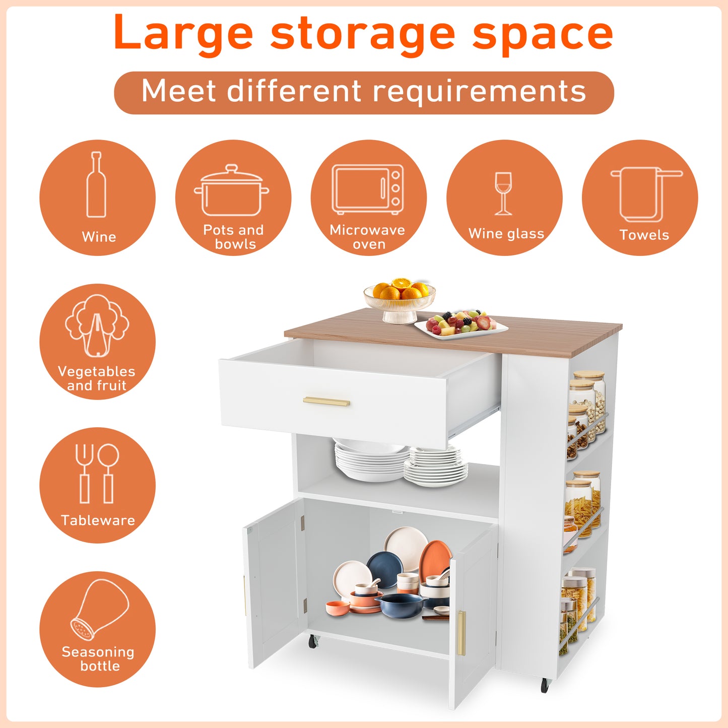 Keukenwagen – Mobiele Keukentrolley – Keukenwagen op Wieltjes – Keukenkastje – Keukenkar – Wit – Compact 68x39x85 cm – Met Werkblad en Remmen