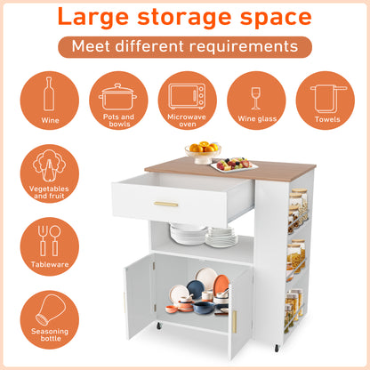 Keukenwagen – Mobiele Keukentrolley – Keukenwagen op Wieltjes – Keukenkastje – Keukenkar – Wit – Compact 68x39x85 cm – Met Werkblad en Remmen