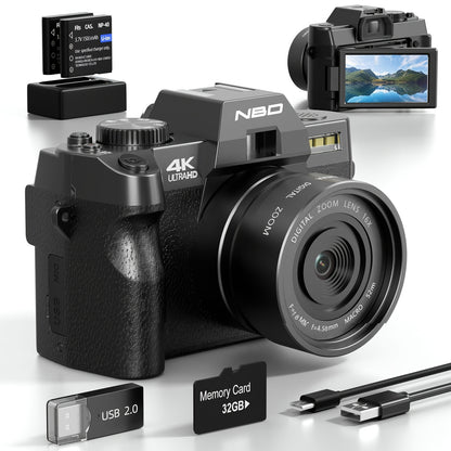 48MP Digitale Camera – Fotocamera – Vlogcamera – Compact Camera – Reiscamera – 4K Videoresolutie – WiFi & App Controle – 16x Digitale Zoom – Anti-Shake – 32GB TF-kaart – Dual Batterijen – 52mm Groothoek & Macro Lens