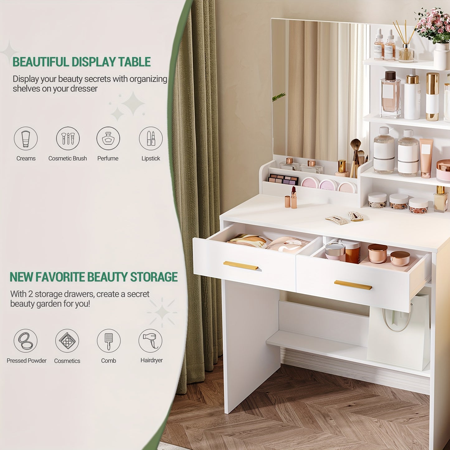 Kaptafel – Make-up Tafel – Schminktisch – Vanity Table – Dressing Table – Wit Met Spiegel – 4 Open Schappen & 2 Lades