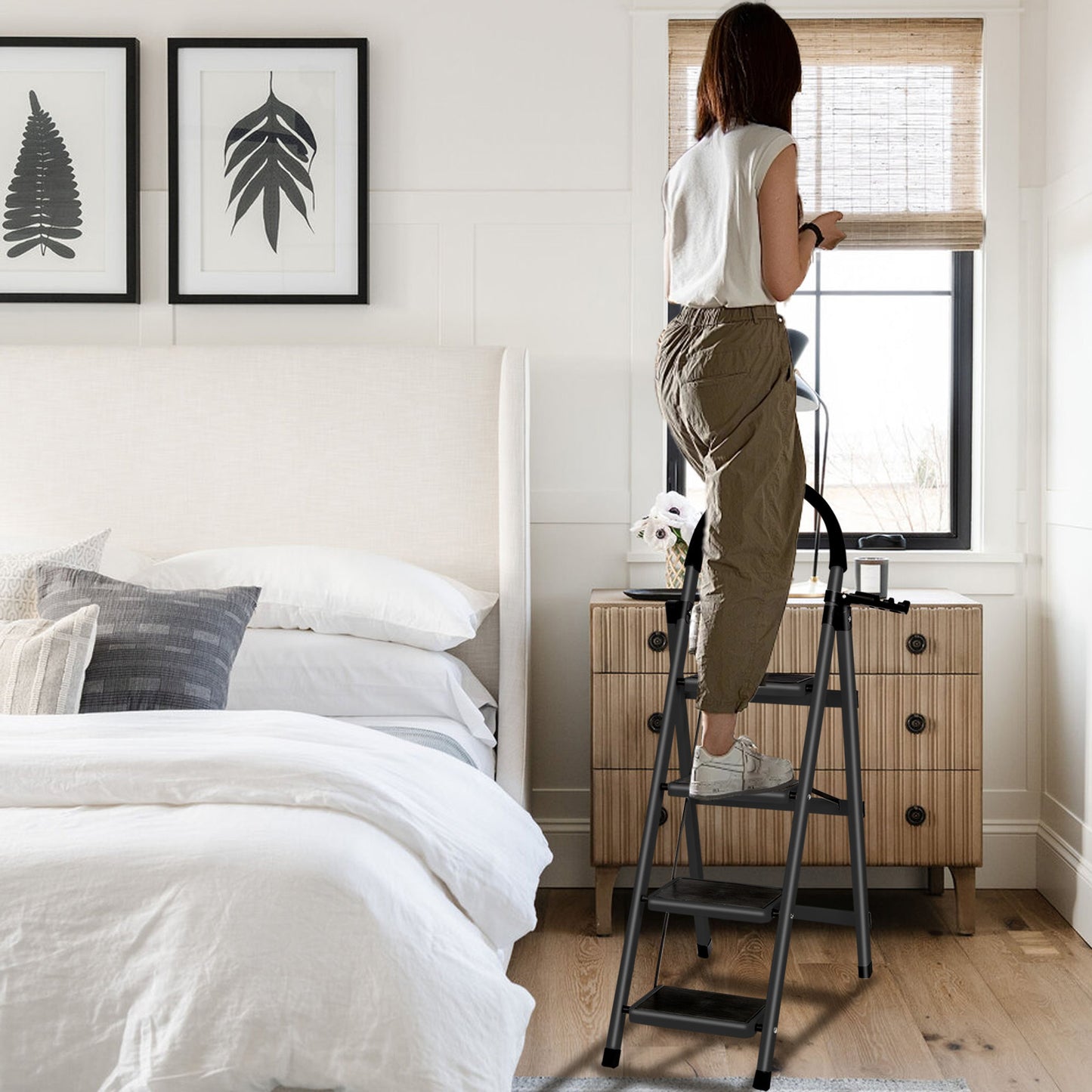 4-Traps Stalen Ladder – Vouwladder – Opstapladder – Klapladder – Steigertrap – Lichtgewicht En Compact – Antislip Treden Met Handgrepen