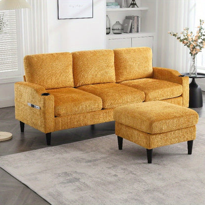 4-zits sofa – bank – zitbank – lounge bank – hoekbank – fluweelachtige bekleding – opberghocker met bekerhouders