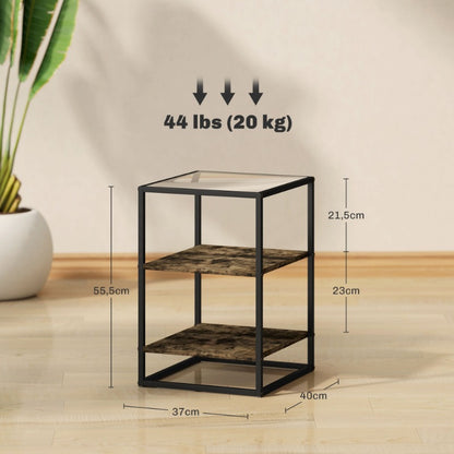 Bijzettafel – Sidetable – Nachtkastje – Salontafel – Banktafel – Rustiek Bruin – Glasblad – 3 Niveaus Opbergruimte – 37x40x55,5 cm