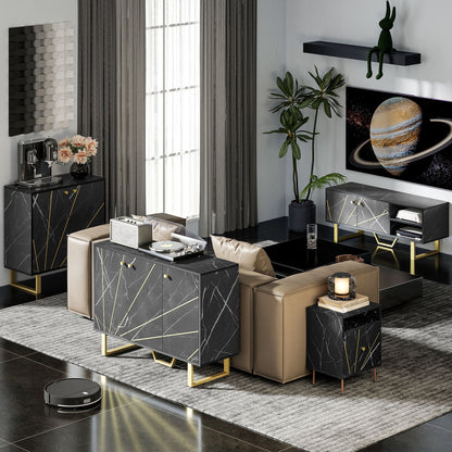 Homcom Living Room Storage Cabinet with 1 Drawer, 2 Doors, Adjustable Shelf, and Metal Legs - 76L x 35W x 77H cm, Black Marble Finish