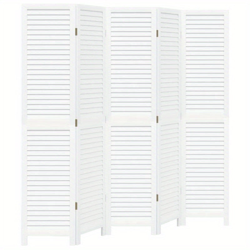 5-Panel White Paulownia Wood Room Screen - Elegant Privacy Divider for Bedrooms, Living Rooms, Offices with Vertical Striped Design and Golden Accents