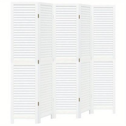 5-Panel White Paulownia Wood Room Screen - Elegant Privacy Divider for Bedrooms, Living Rooms, Offices with Vertical Striped Design and Golden Accents