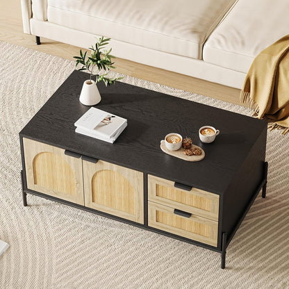 Salontafel – Koffietafel – Bijzettafel – Woonkamertafel – Middentafel – Mid-Century Design – Compact Met Opbergruimte – Zwart MDF Met Rattan Accenten