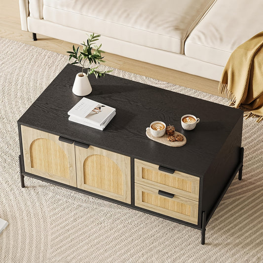 Salontafel – Koffietafel – Bijzettafel – Woonkamertafel – Middentafel – Mid-Century Design – Compact Met Opbergruimte – Zwart MDF Met Rattan Accenten