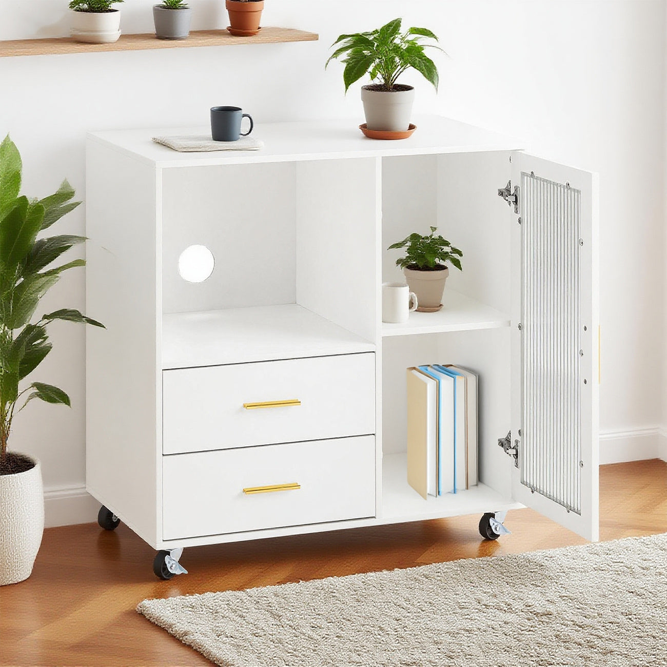 Kantoorkast – Opbergkast – Bureaukast – Mobiele Kast – Ladenkast – Met Wieltjes en Glasdeur – Compact 75x40x76 cm – MDF Stevig