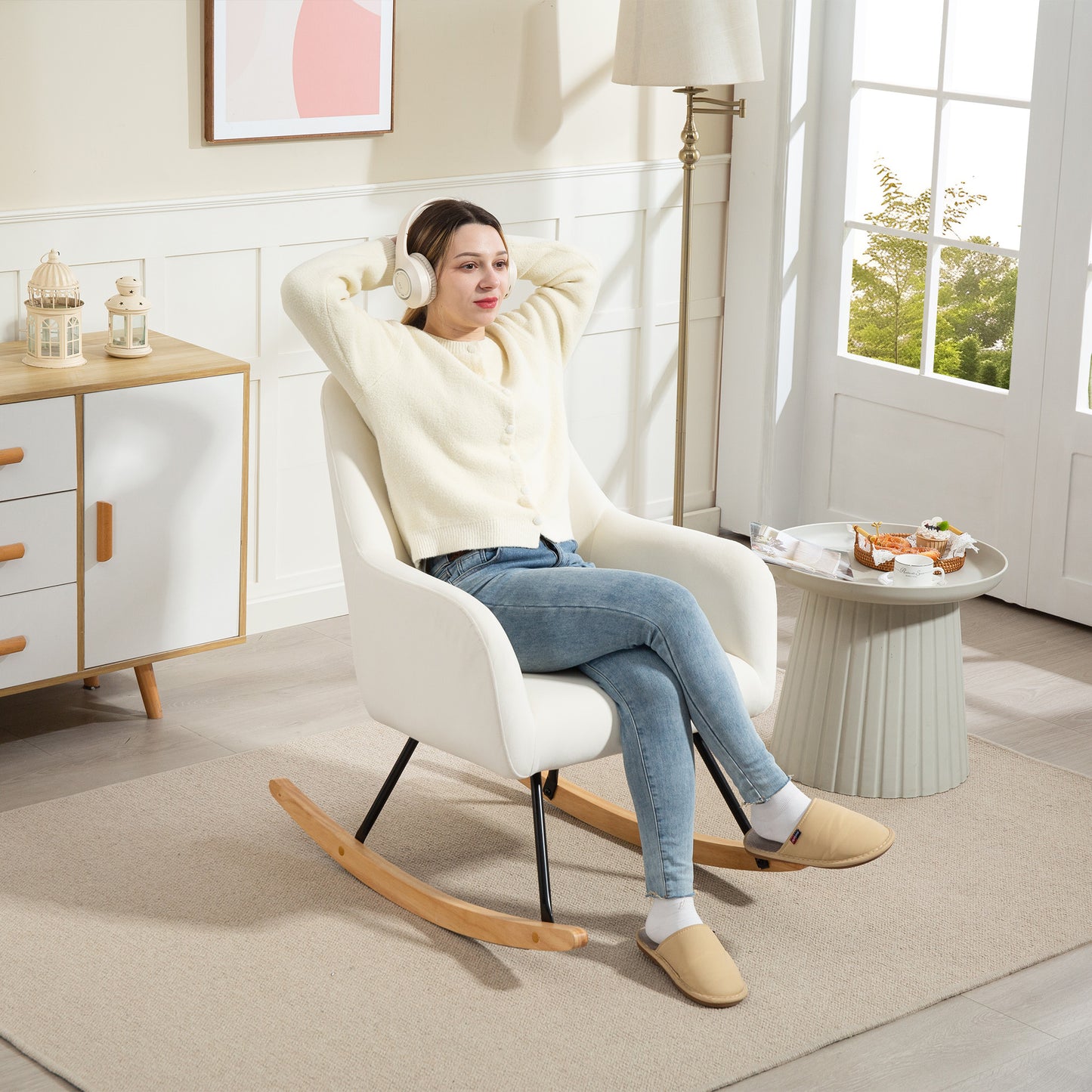 Schommelstoel – Schommelstoel Met Bekleding – Wiegstoel – Relaxstoel – Lounge Stoel – Creme Wit – Zachte Velvet Bekleding – Brede Ergonomische Rugleuning
