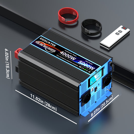Power Inverter 12V Naar 220V – Spanningsomvormer – Stroomomzetter – Accu Omvormer – Sine Wave Converter – 4000W Continu Vermogen – LCD Scherm & Afstandsbediening