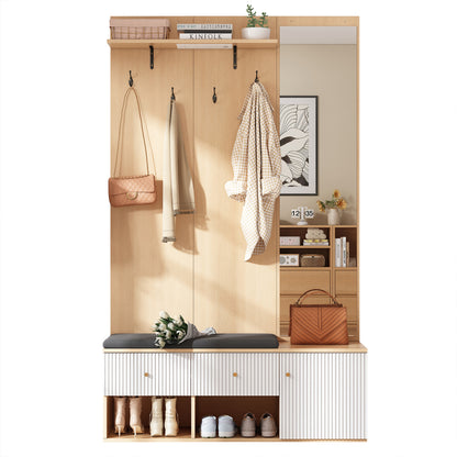 Halmeubel – Kapstok – Schoenenkast – Garderobekast – Schoenenbank – Met Spiegel – Gepolsterde Zitbank – Multifunctioneel Opbergmeubel 120x40x200 cm