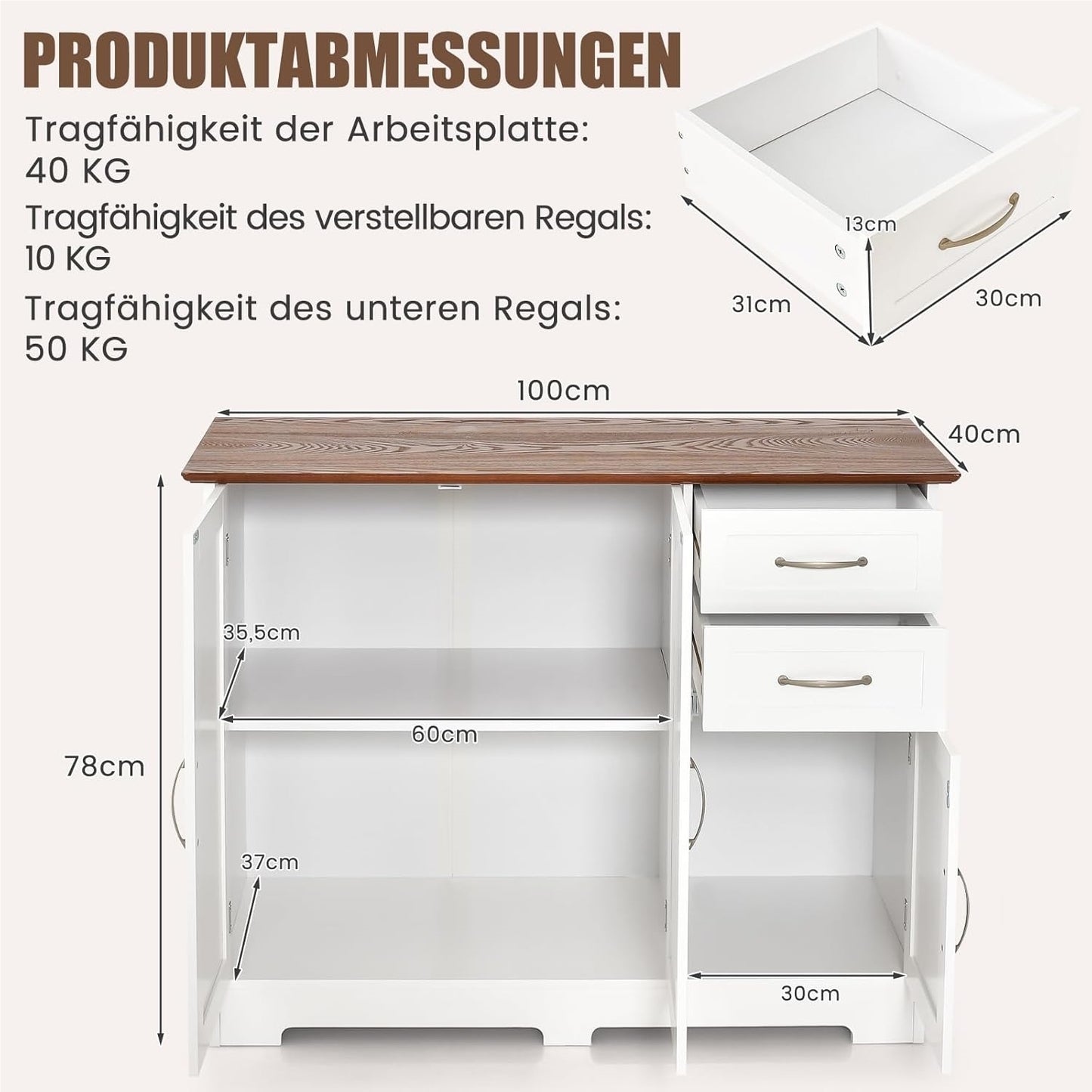 Dressoir – Dressoirs – Opbergkast – Ladekast – TV-kast – Wit – 100 x 40 x 78 cm – Verstelbare plank – Waterafstotend MDF