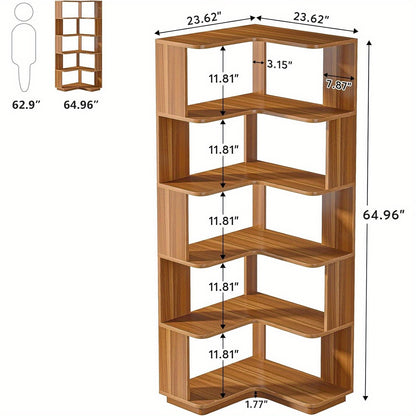 Boekenkast – Boekenrek – Opbergkast – Vakkenkast – Stellingkast – 6-laags Hoekontwerp – Stevig MDF Notenhout – Anti-val Panelen – 165 cm Hoog