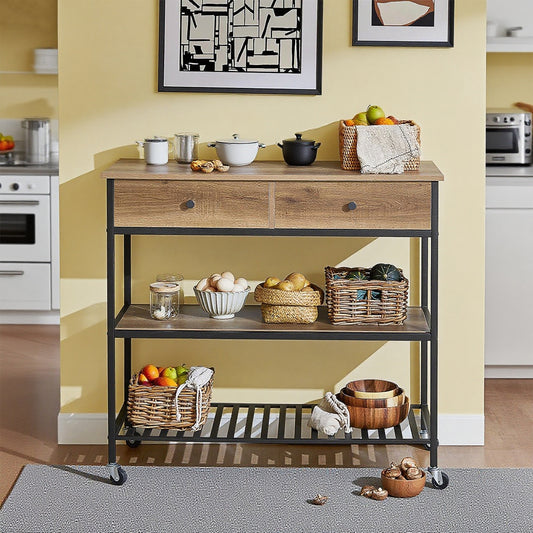 Keukentrolley – Serveerwagen – Mobiele Trolley – Barwagen – Keukenrek – Industrieel Design – Vintage Look – 2 Laden en 2 Open Planken – 4 Zwenkwielen met Rem