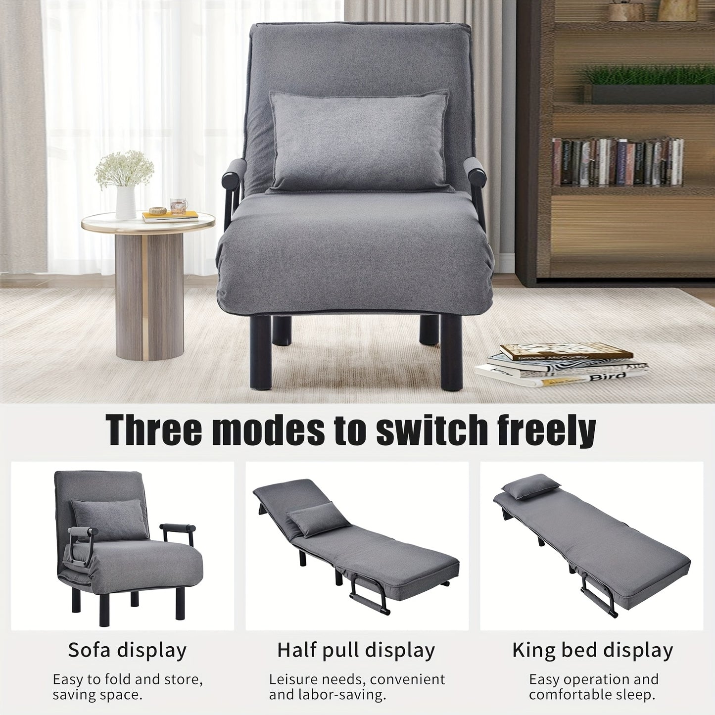 Slaapbank – Slaapstoel – Bedbank – Logeerbed – Chaise Longue – Verstelbare Rugleuning – Stevig Metalen Frame – Afneembare Kussens – Grijs